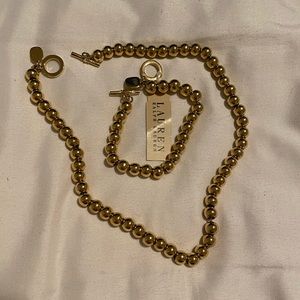 Ralph Lauren Gold Tone Metal Bead Necklace and Bracelet Set